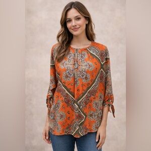 Primark Orange Paisley Boho
Print Blouse Top New With Tags Tie Sleeve Size 8